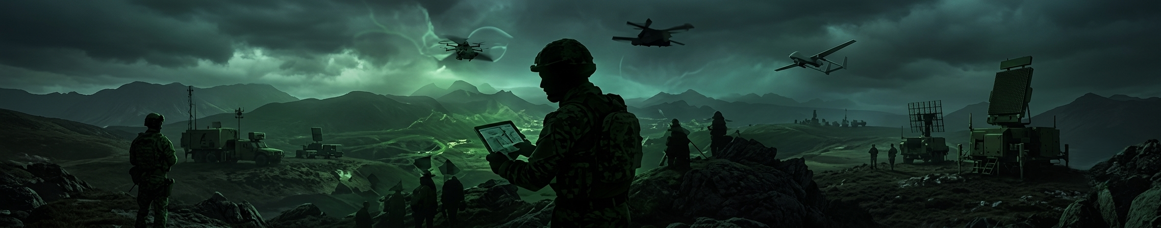 Soldier with tablet and reconnaissance drones